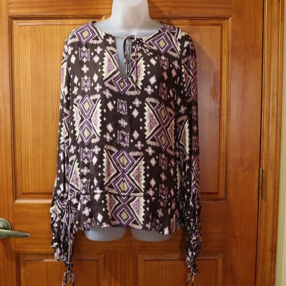 Tory Burch Size 12 Vintage 90s Purple Brown Patchwork Ruched Sleeve Silk - Picture 11 of 11